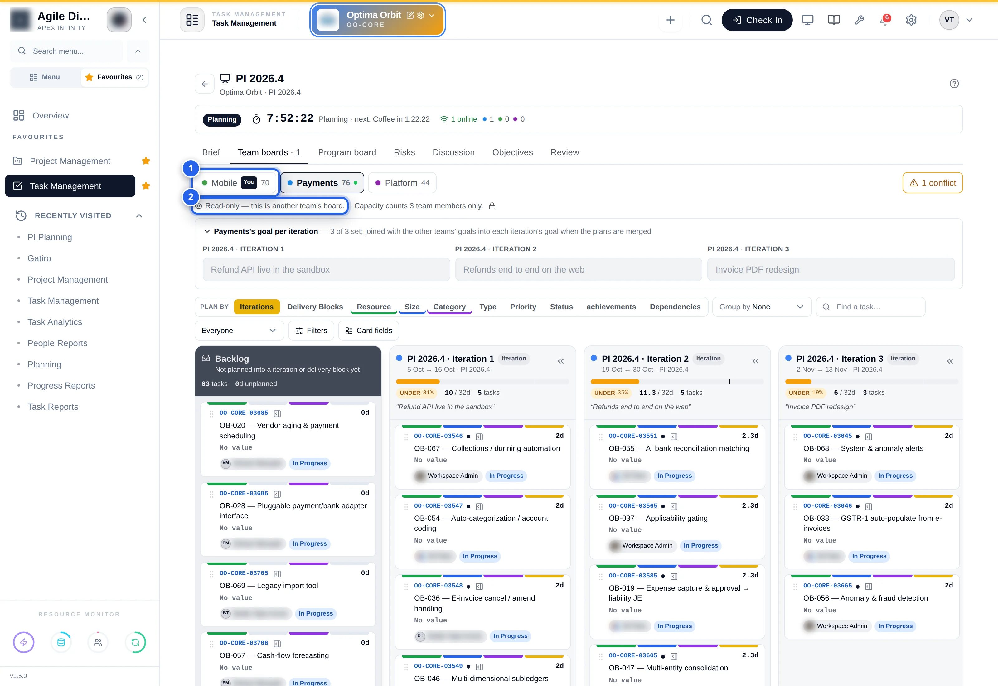 Team boards tab as the Mobile lead: 1 Mobile marked You comes first, 2 Read-only — this is another team's board, on the Payments board with its goals greyed out