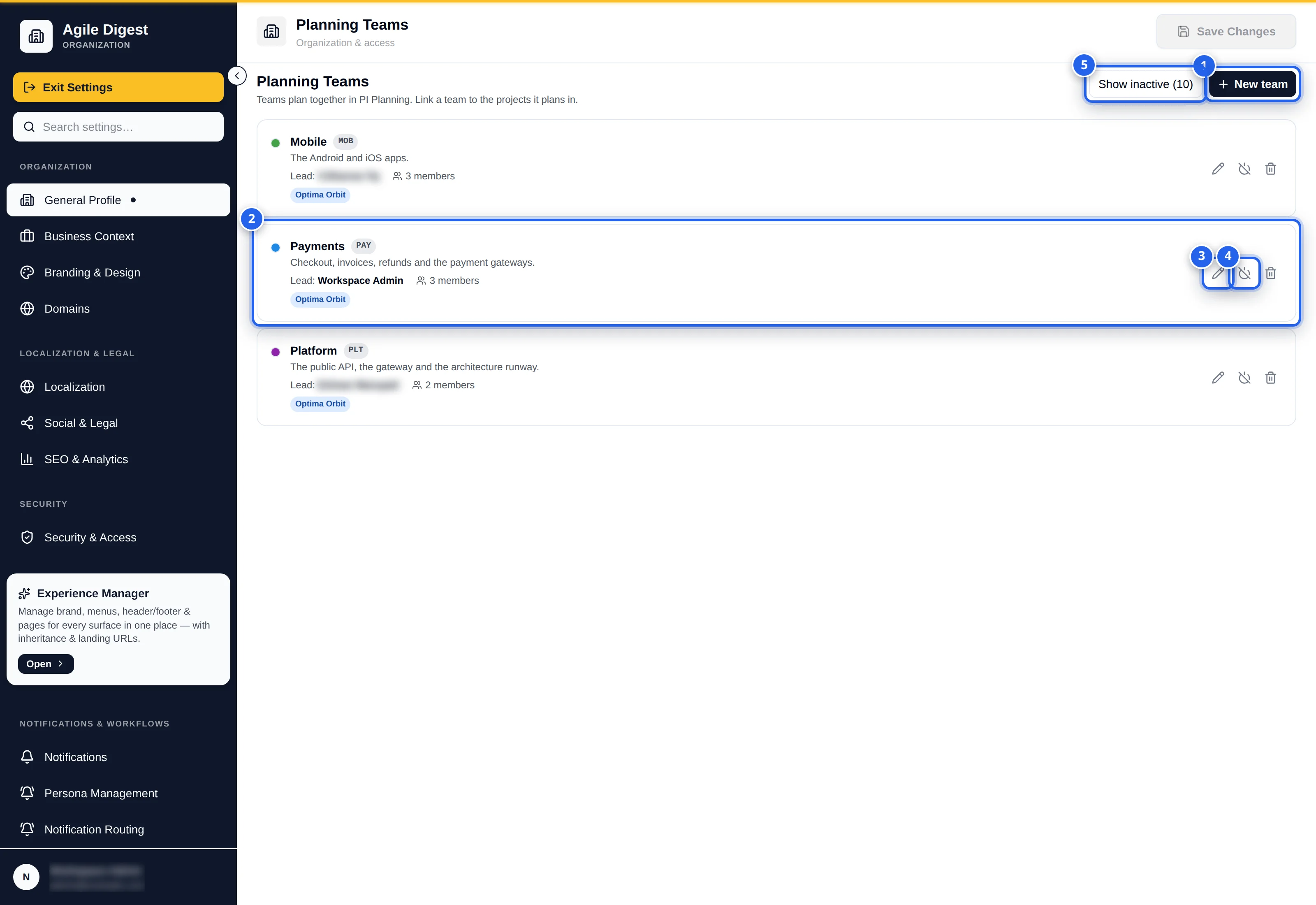 Organization Settings, Planning Teams page listing Mobile (MOB), Payments (PAY) and Platform (PLT) with description, lead, member count and the linked project Optima Orbit: 1 New team, 2 the Payments row, 3 Edit team pencil, 4 Deactivate team, 5 Show inactive (10)