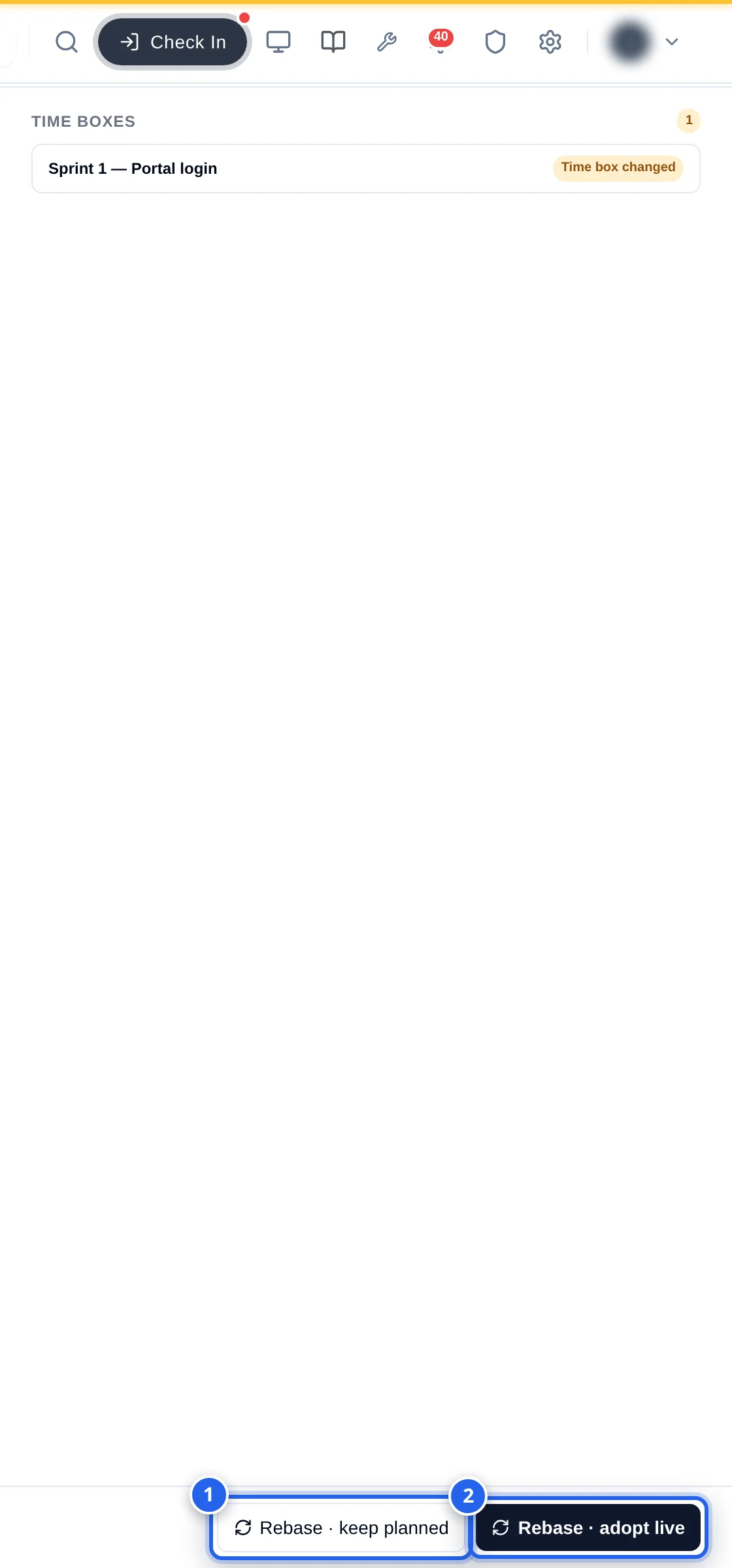 Drift against live drawer: a Time boxes group with Sprint 1 — Portal login marked Time box changed, and the footer buttons 1 Rebase · keep planned and 2 Rebase · adopt live
