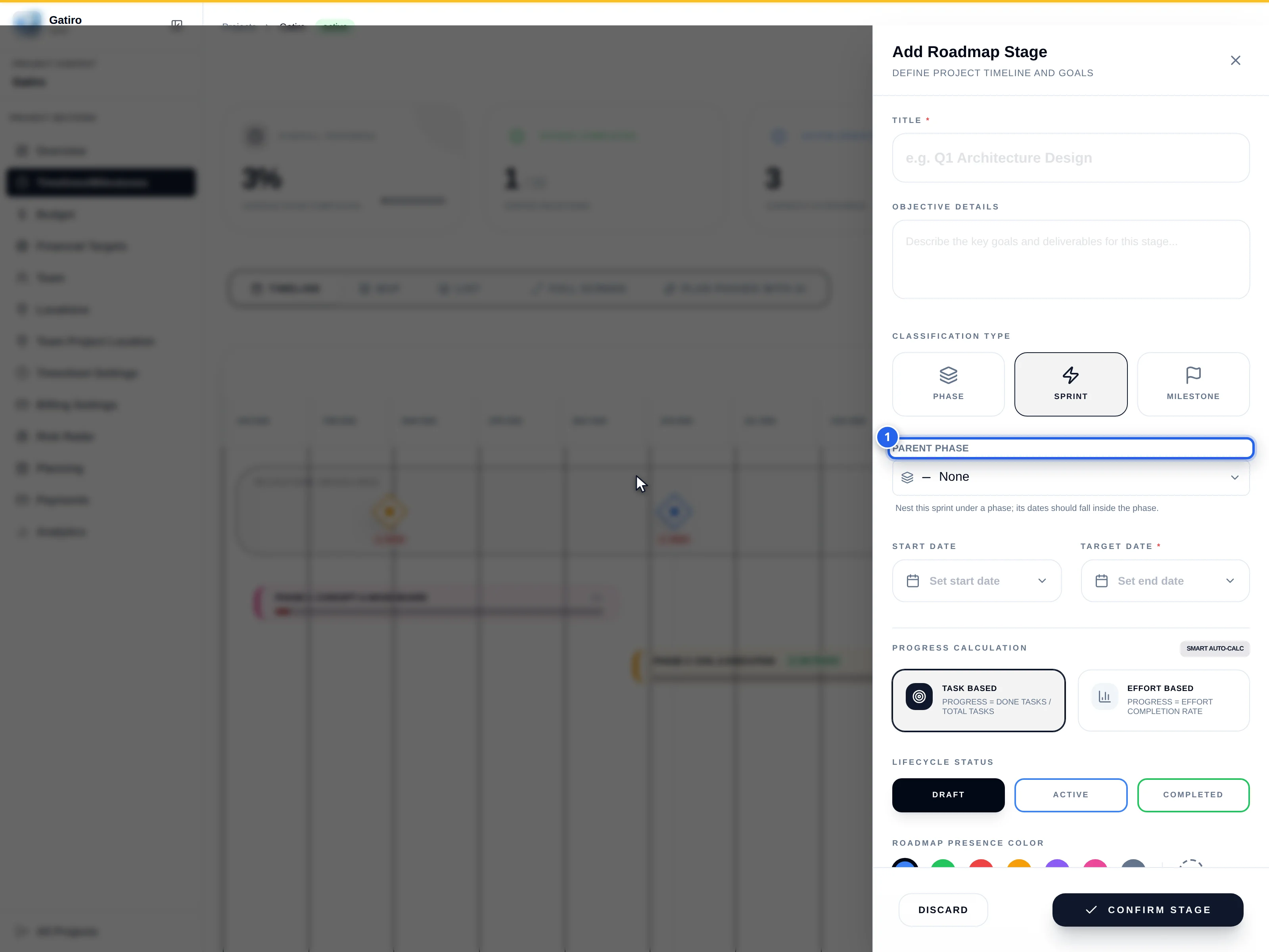 Add Roadmap Stage drawer with Sprint selected as the classification type: 1 Parent phase picker showing None, with the hint that the sprint's dates should fall inside the phase