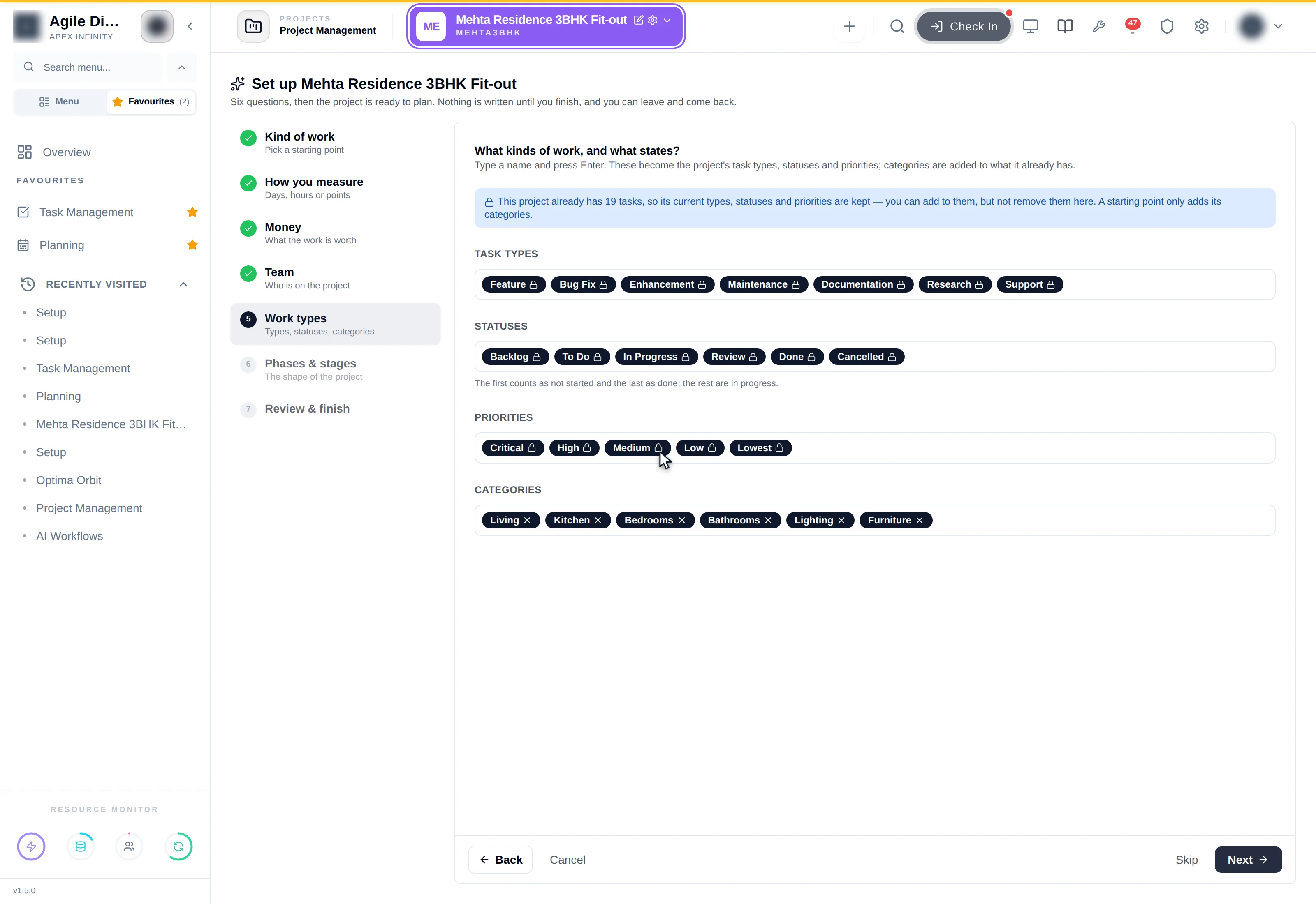 Work types on a project that already has tasks: a note saying its current types, statuses and priorities are kept, and every existing chip shown with a lock
