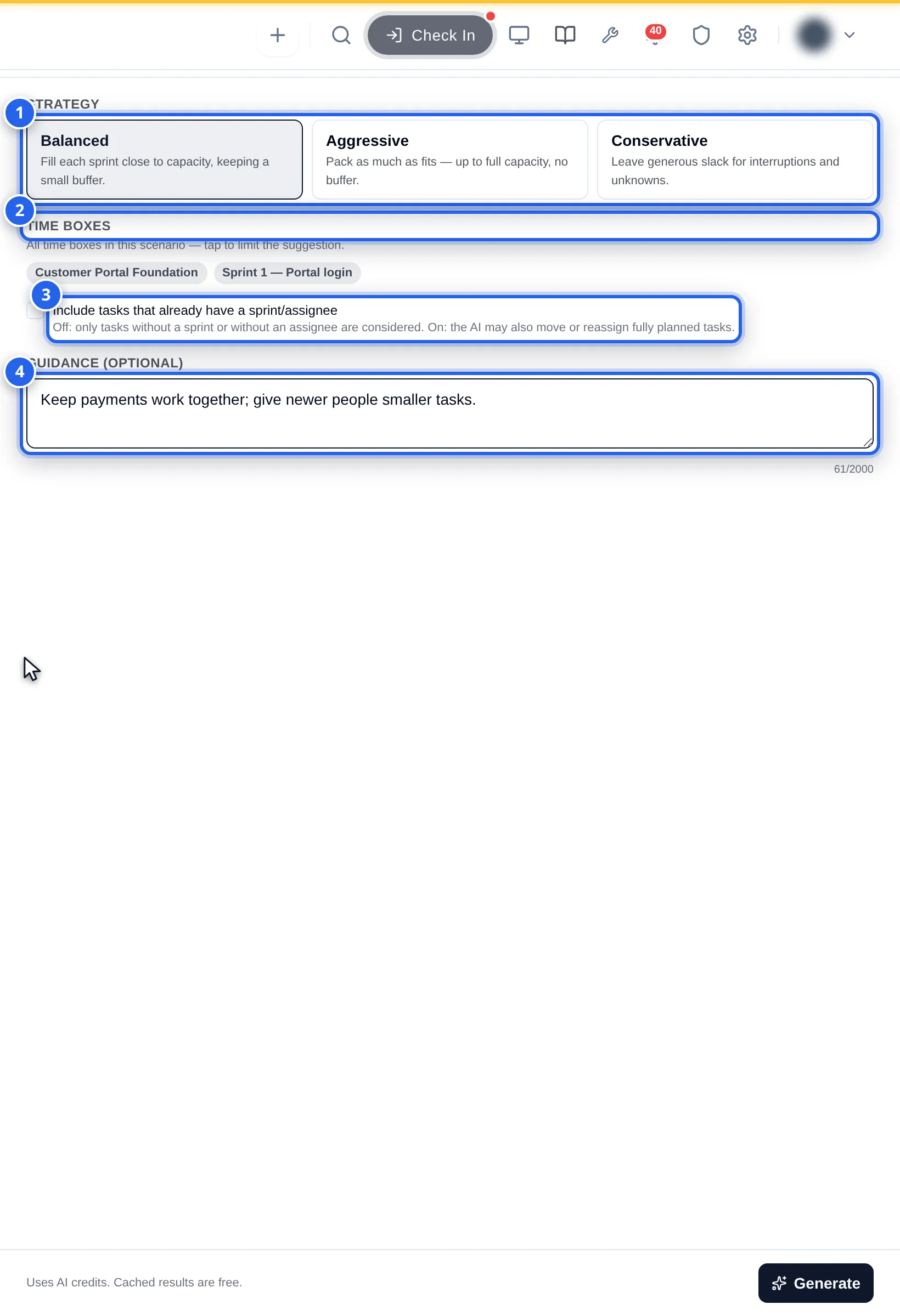 Suggest with AI drawer before generating: 1 Strategy cards Balanced, Aggressive, Conservative, 2 Time boxes chips, 3 Include tasks that already have a sprint/assignee tick box, 4 Guidance text area with a 61/2000 counter, and the Generate button