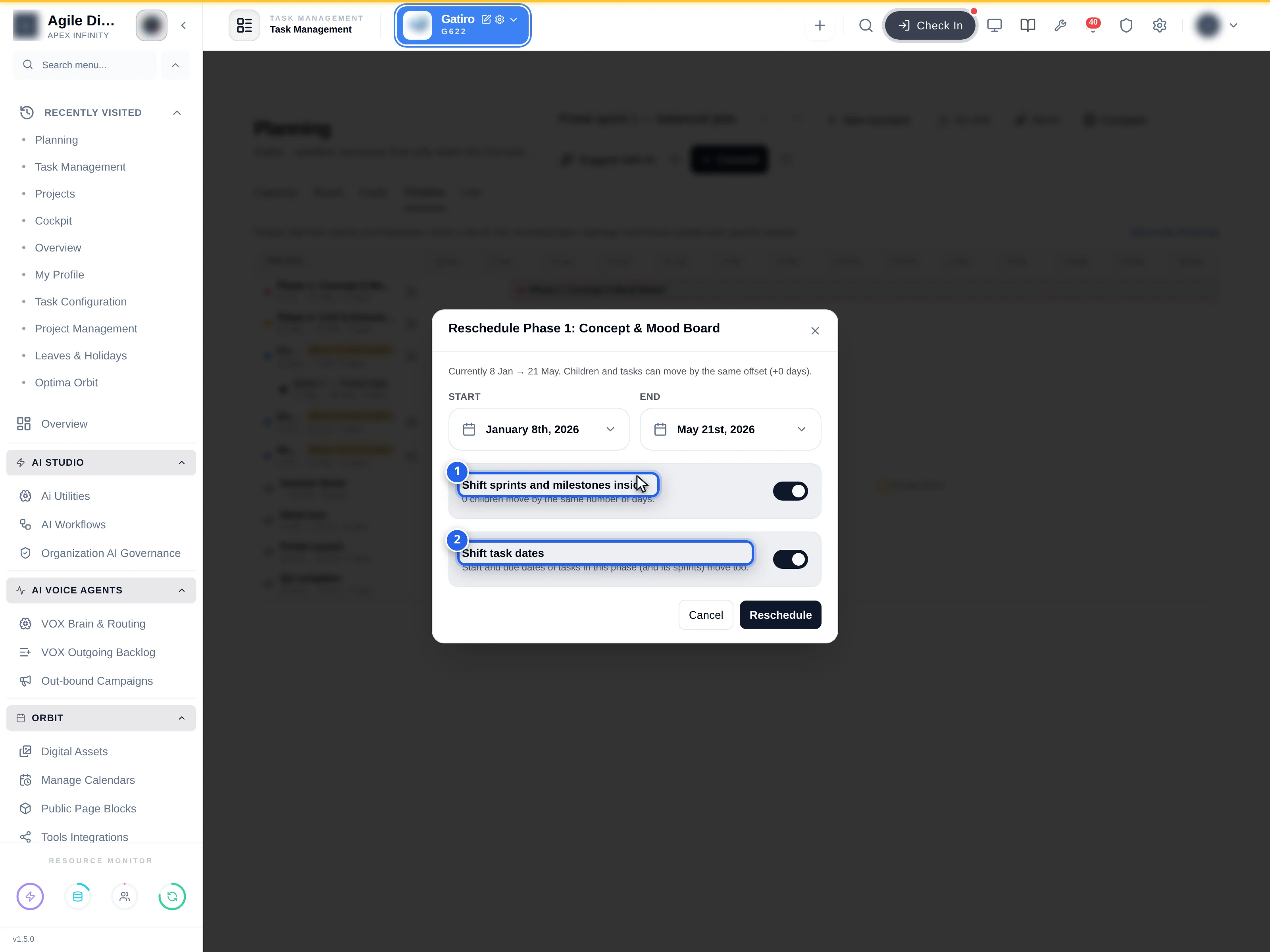 Reschedule dialog opened from the Planning Timeline tab for Phase 1: Concept & Mood Board, with Start and End date pickers and two switched-on toggles: 1 Shift sprints and milestones inside, 2 Shift task dates