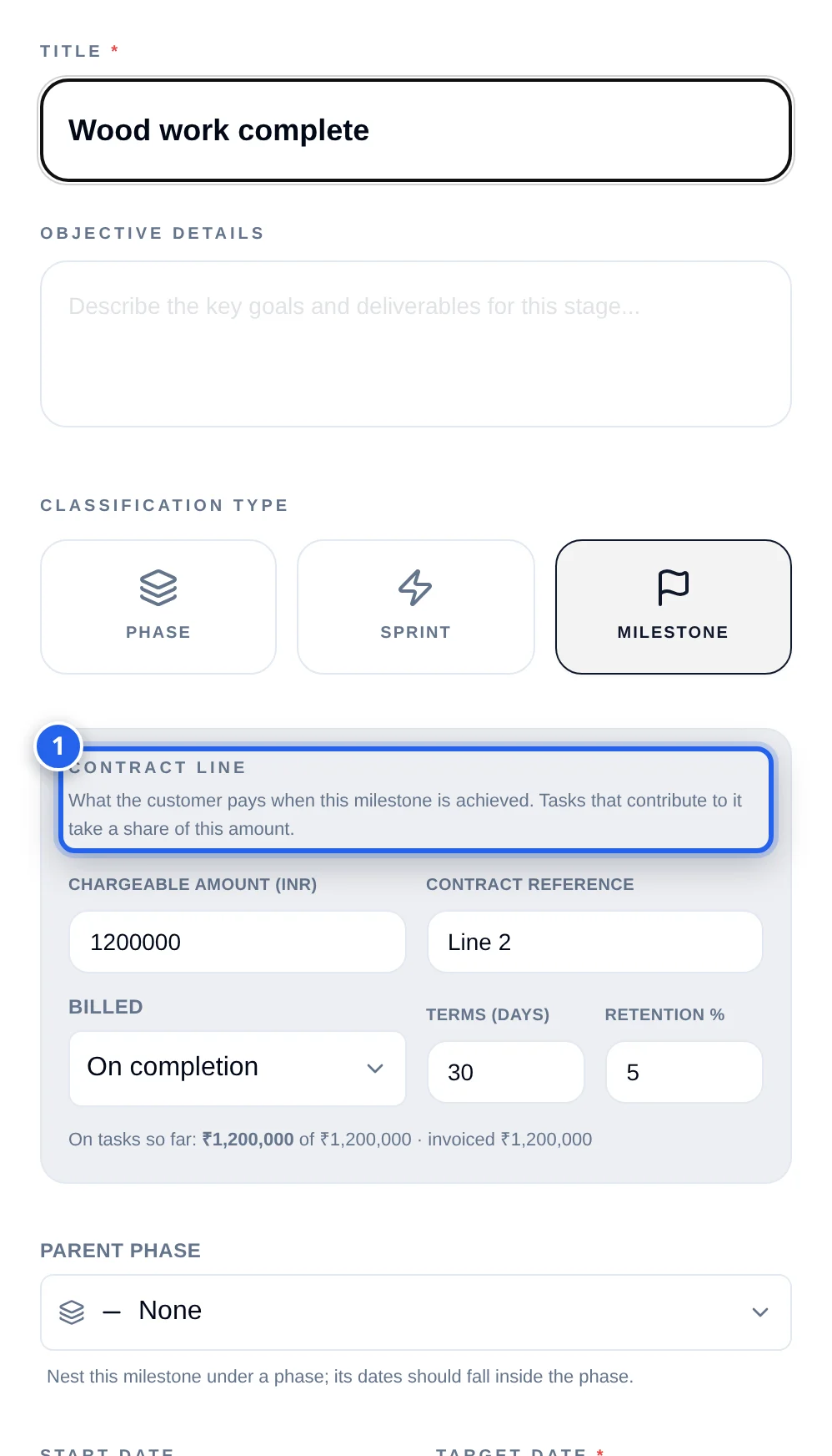 The Roadmap drawer of a Milestone with the Contract line block filled: chargeable amount 1,200,000, contract reference Line 2, billed on completion, 30 days terms, 5% retention, and what is on tasks and invoiced so far