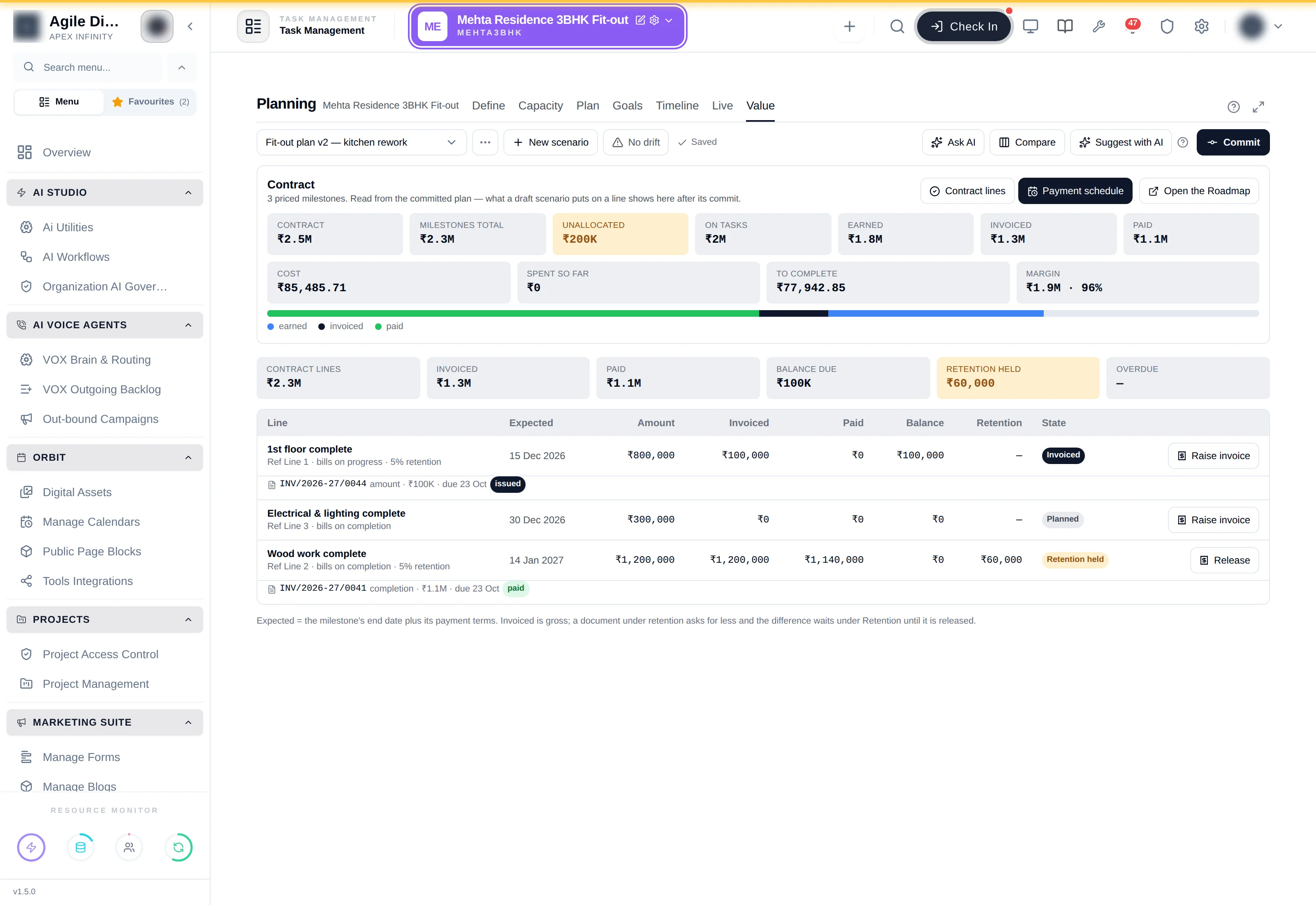The Payment schedule: six tiles and three lines — 1st floor Invoiced with an issued invoice, Electrical & lighting Planned, Wood work complete Retention held with a paid invoice and a Release button