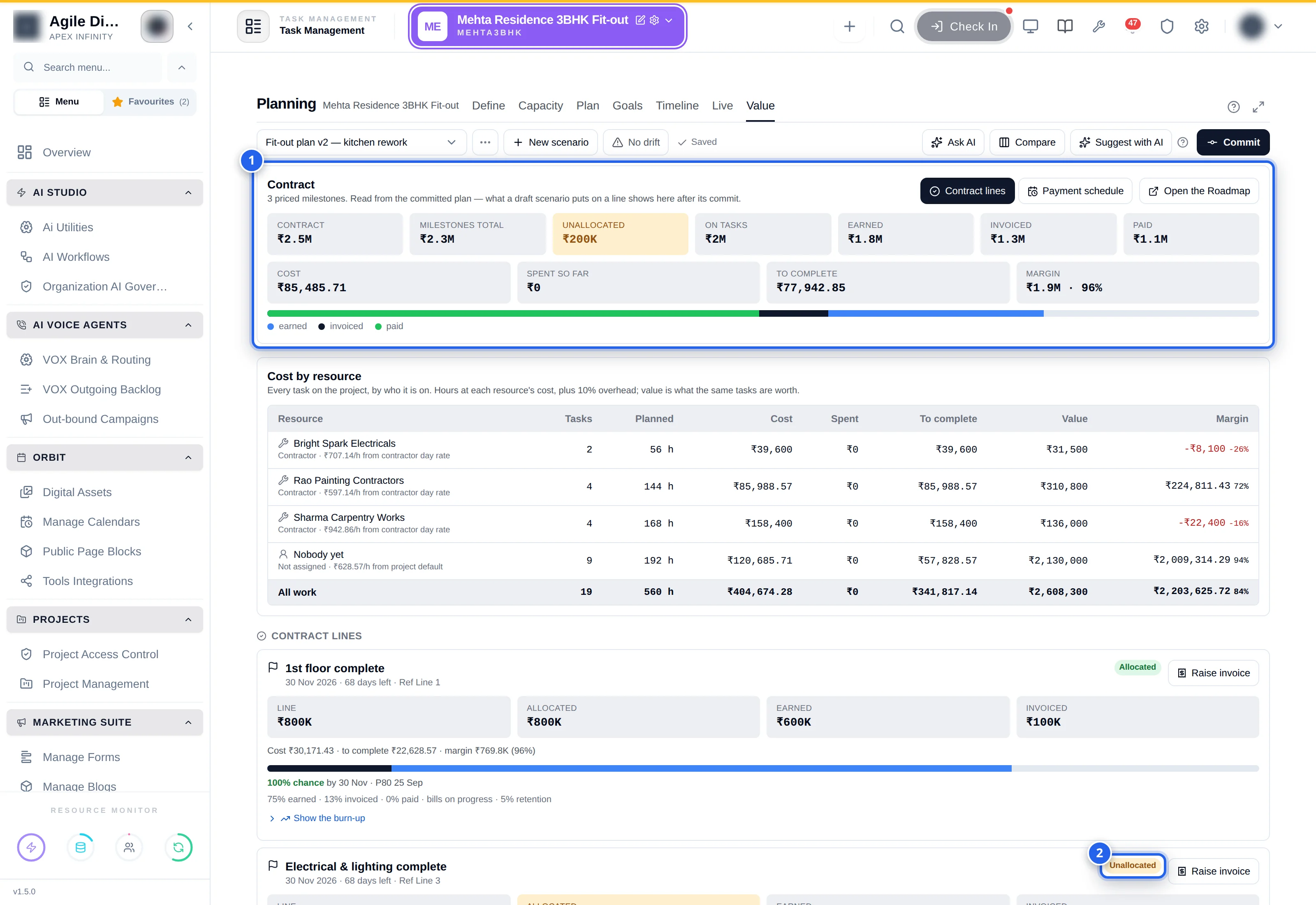 The Value tab: the Contract strip with contract, milestones total, unallocated, on tasks, earned, invoiced and paid, the cost row, the Cost by resource table, and the first contract line cards, one Allocated and one Unallocated
