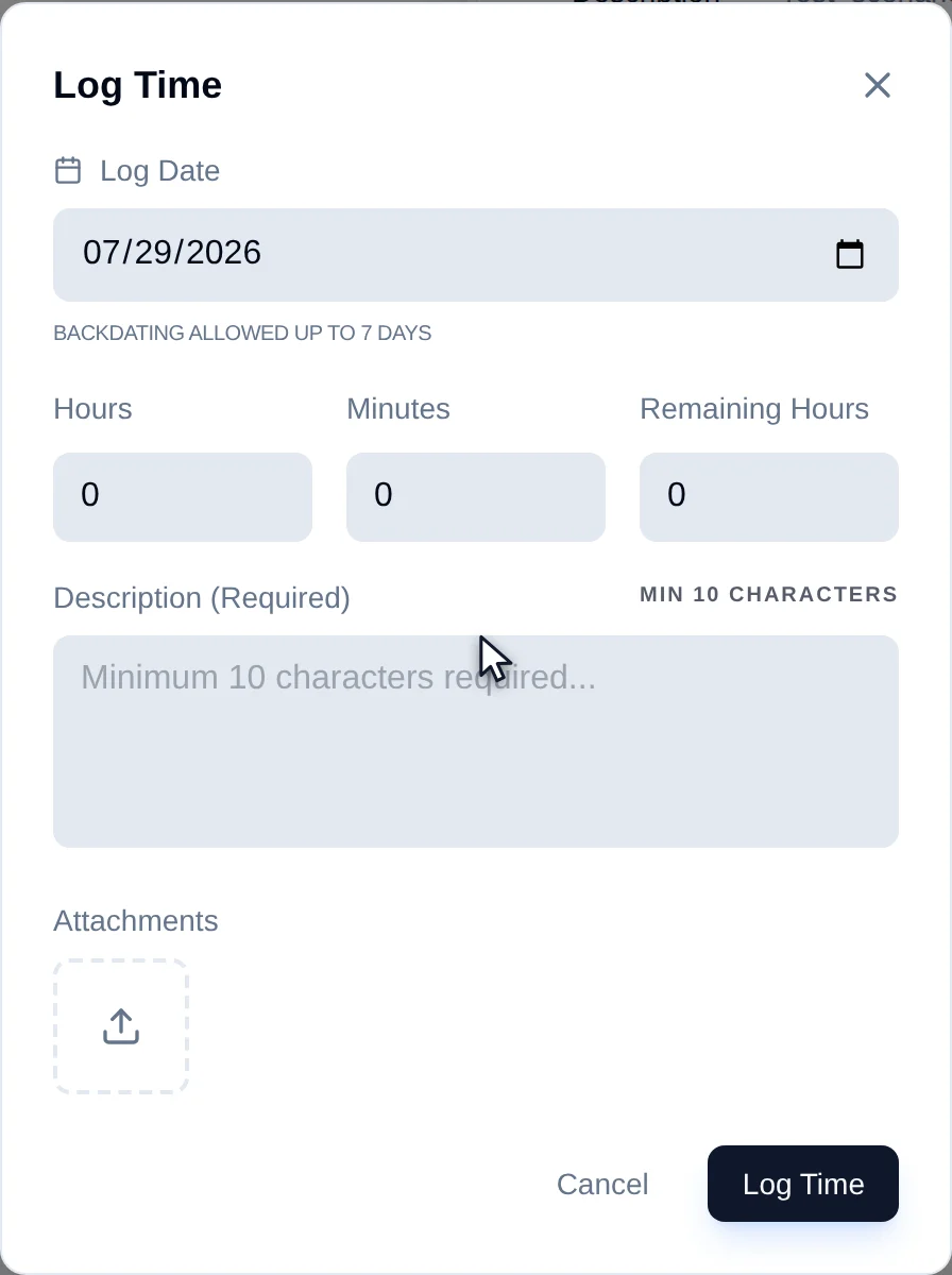 The Log Time modal, pips: 1 date, 2 Hours, 3 Minutes, 4 Remaining Hours, 5 description, 6 attachments, 7 submit