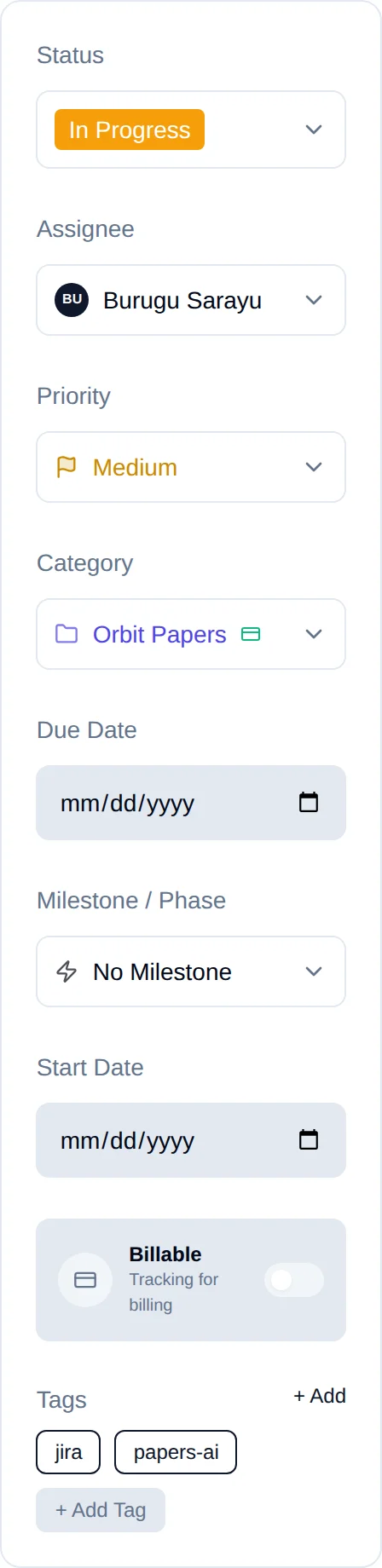 The properties column showing Status, Assignee, Priority, Category, Due Date, Milestone and Start Date