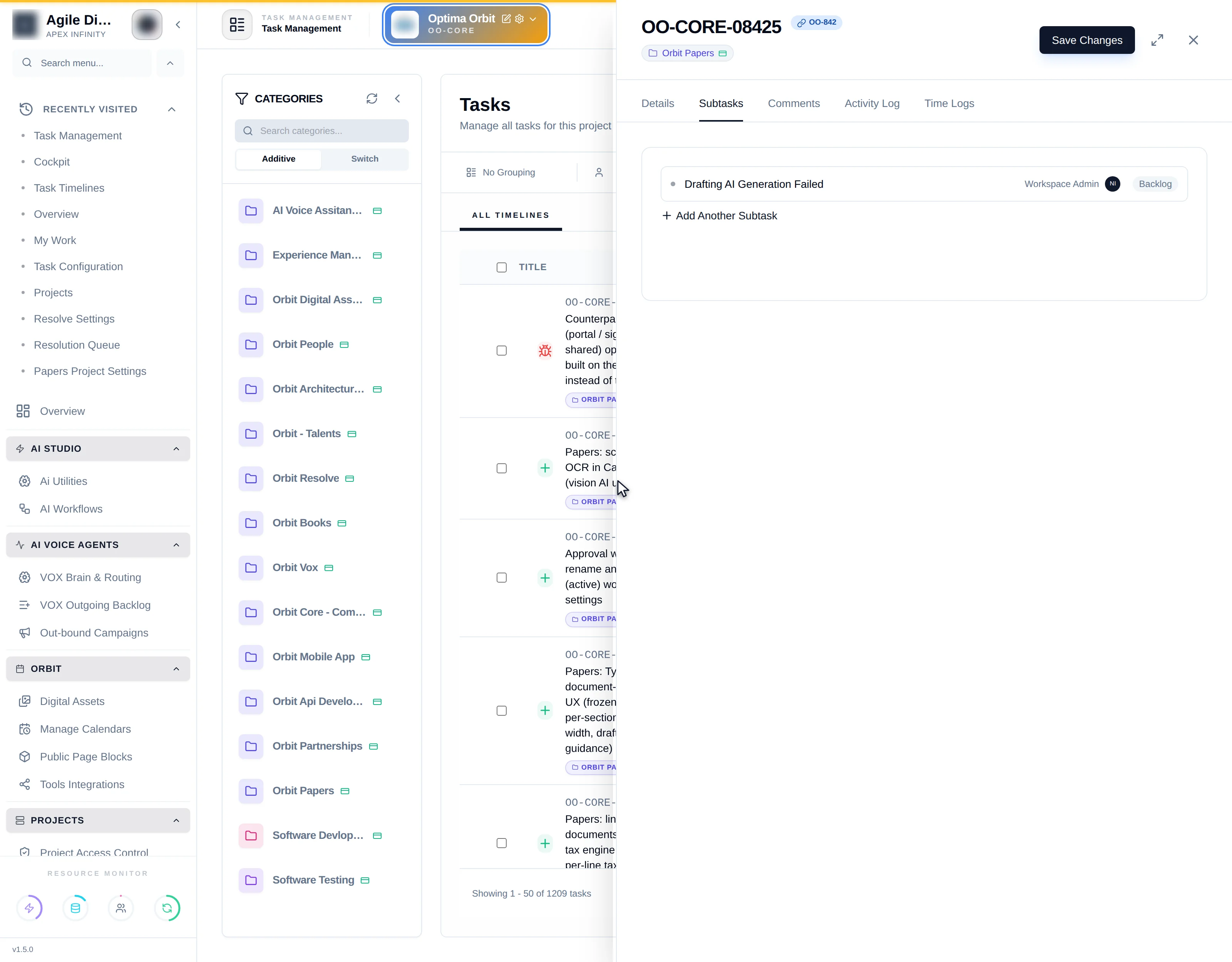 The Subtasks tab listing children with their statuses