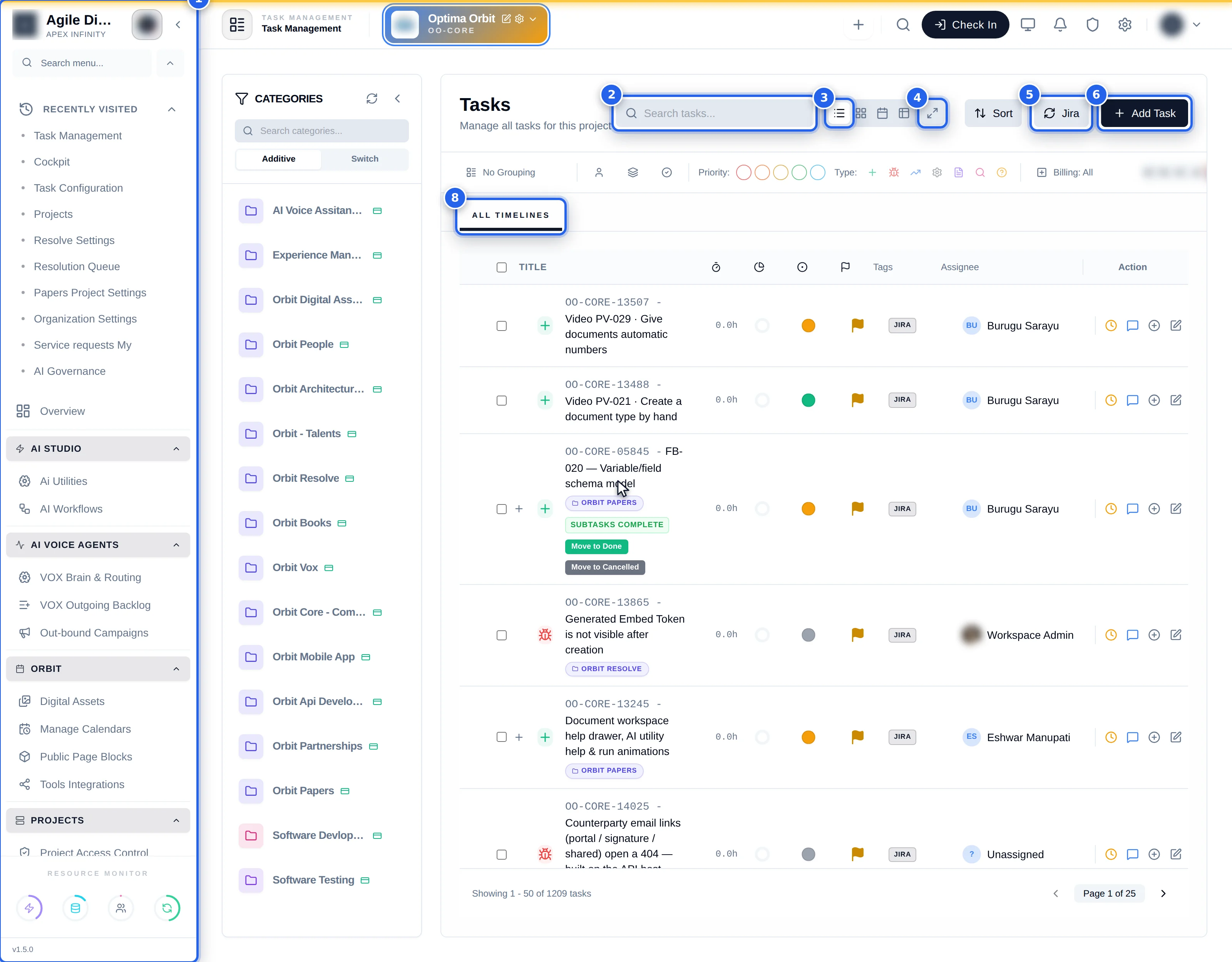 Full workspace, pips: 1 category rail, 2 header + search, 3 view switcher, 4 full-screen, 5 Jira, 6 Add Task, 7 filter bar, 8 milestone tabs, 9 board
