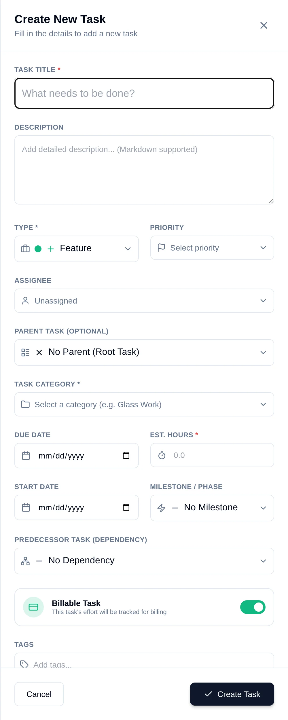 The full Create New Task drawer, pips: 1 Title, 2 Description, 3 Type, 4 Priority, 5 Assignee, 6 Parent Task, 7 Task Category, 8 Due Date, 9 Est. Hours, 10 Start Date, 11 Milestone, 12 Predecessor, 13 Billable, 14 Tags