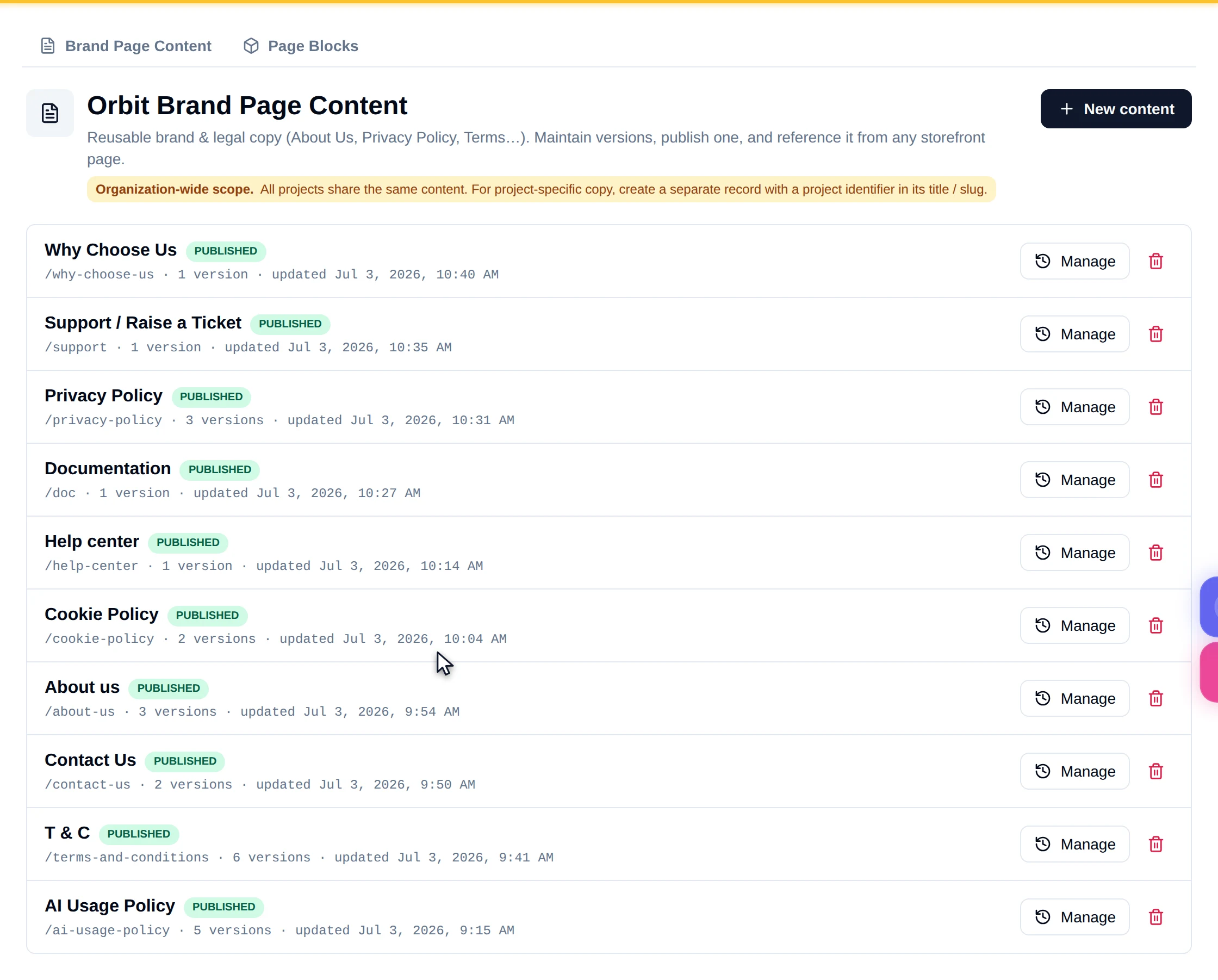 The Orbit Brand Page Content list showing brand content records with publish status and edit actions