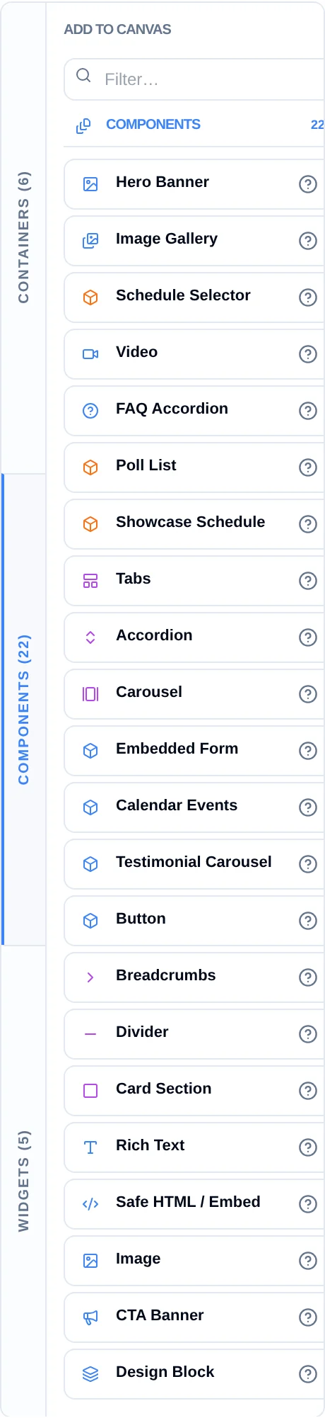 The Page Builder component palette on the Marketing home page, with its Containers, Components and Widgets groups