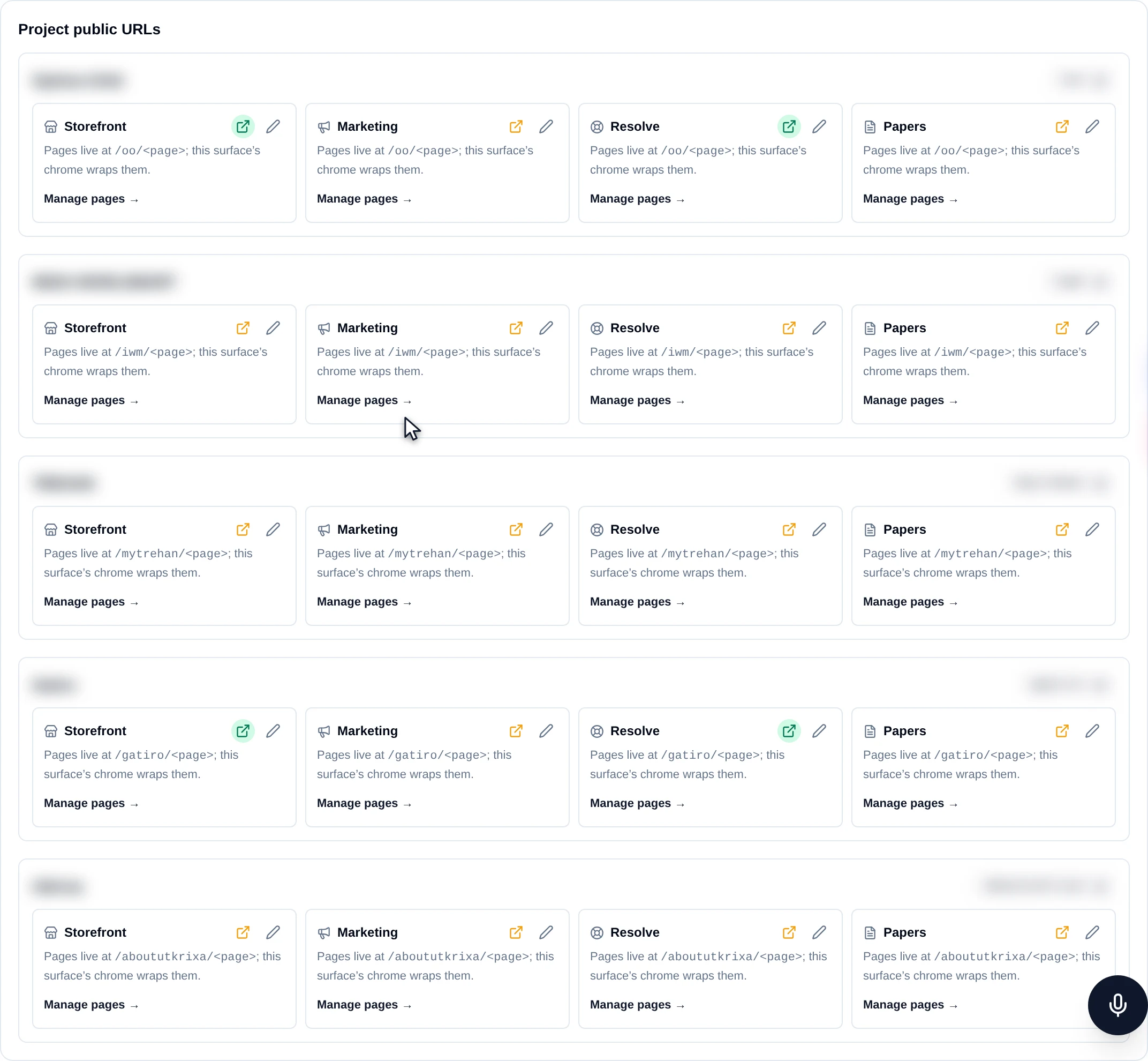 The Project public URLs card listing projects, each with Storefront, Marketing, Resolve and Papers surface cards