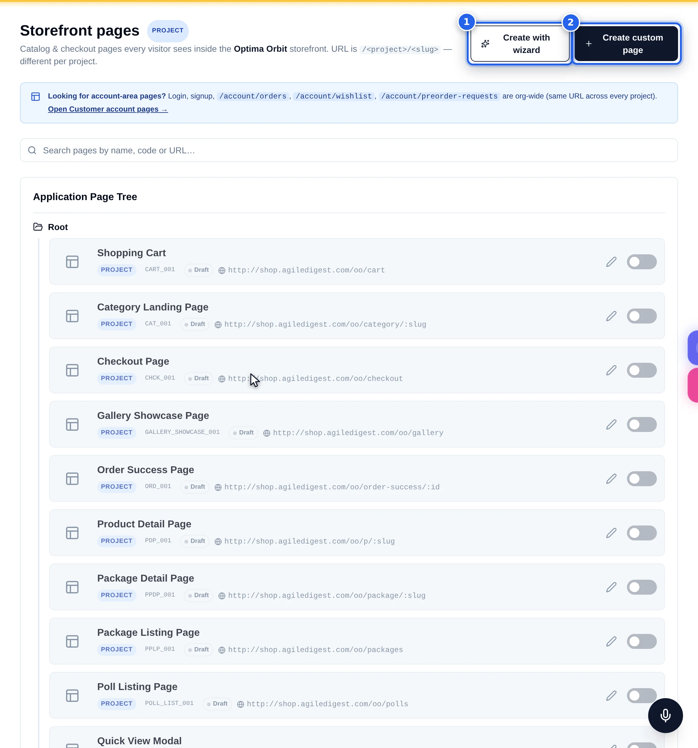 The Storefront pages tab with the Create with wizard and Create custom page buttons numbered one and two