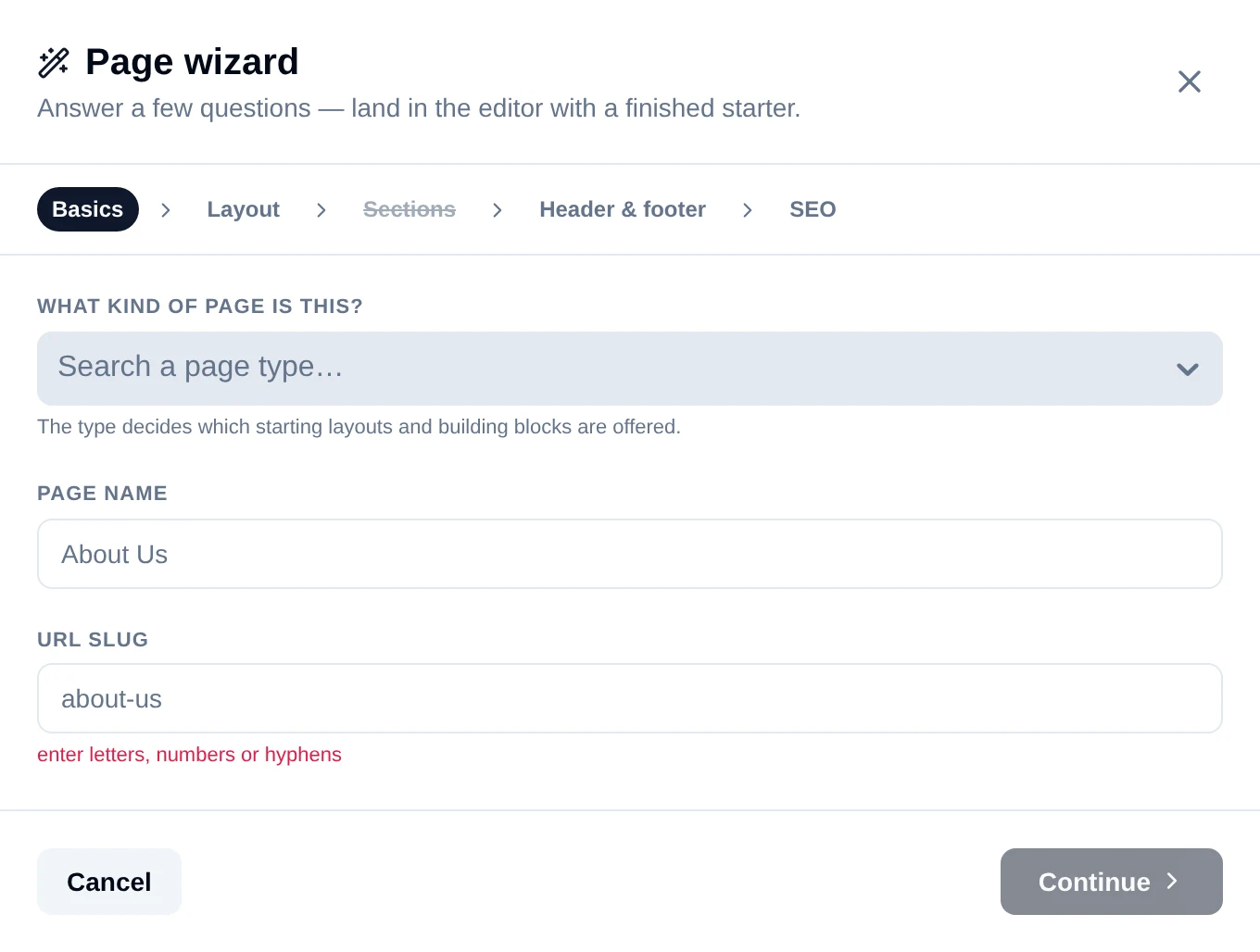 The Page wizard drawer at step Basics, showing the step rail, page type search, page name and URL slug fields