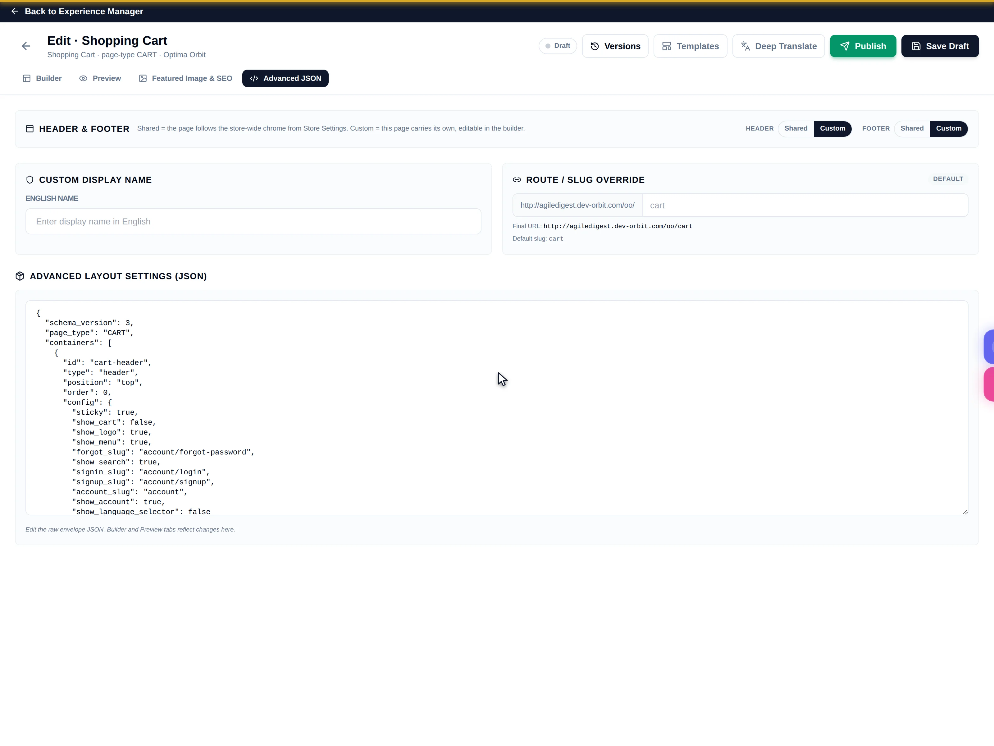 Advanced JSON mode showing the Advanced Layout Settings textarea with the page envelope